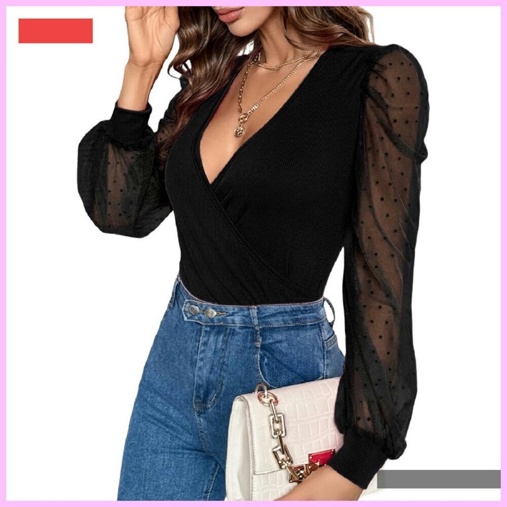 Polka Dot Mesh Wrap Top Long Sleeve Blouse Deep V Neck